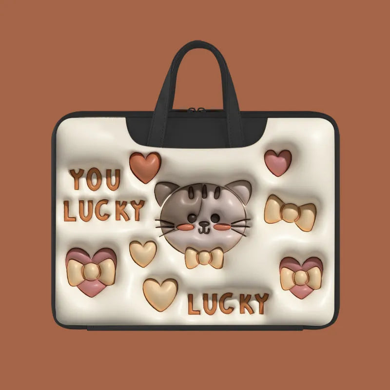 PU leather inflatable laptop bag with cartoon print, shown hanging from a suitcase handle.