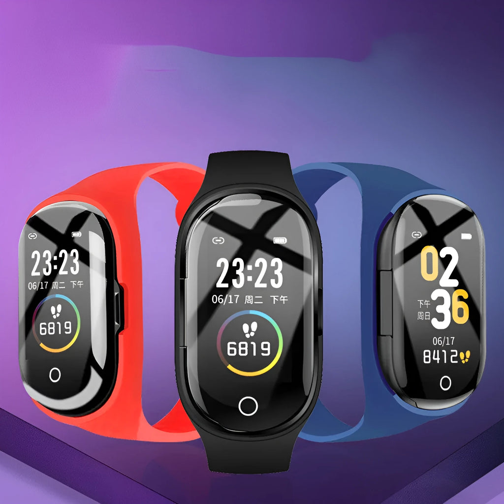 Blue smart bracelet earphone combo wearable device with silicone wristband and 1-inch screen display