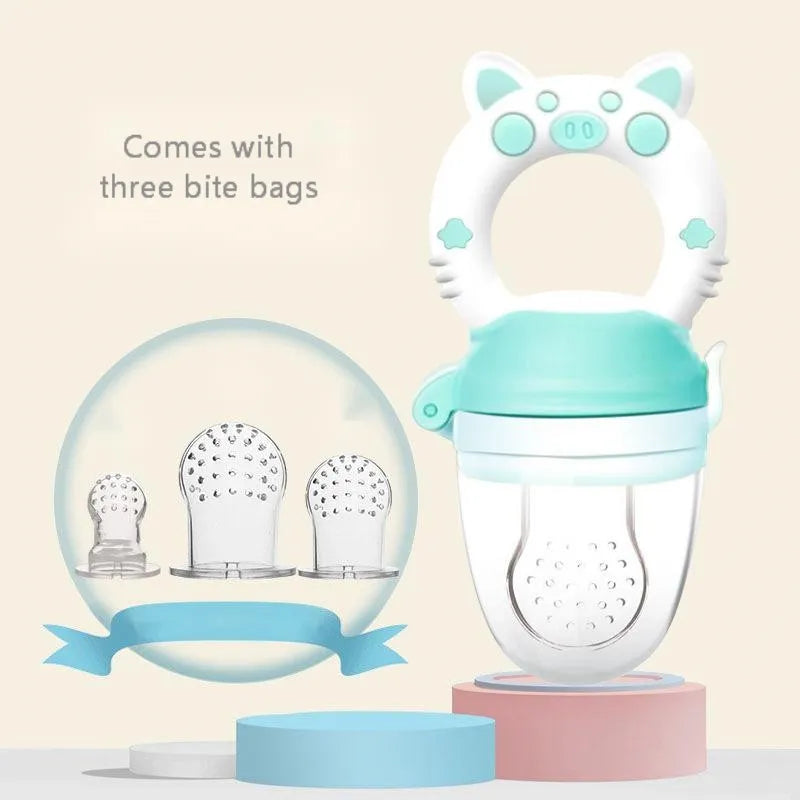 Silicone baby teether in blue, green or pink colours with food-grade material for infant gum relief
