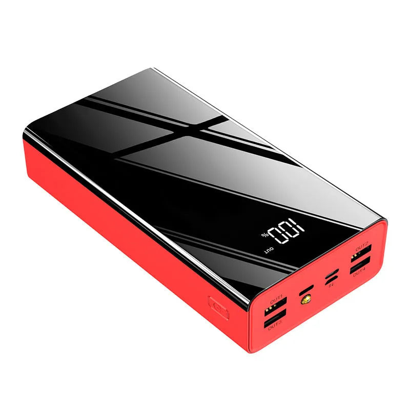 Large black or red 40000mAh power bank with LCD display screen showing battery percentage.