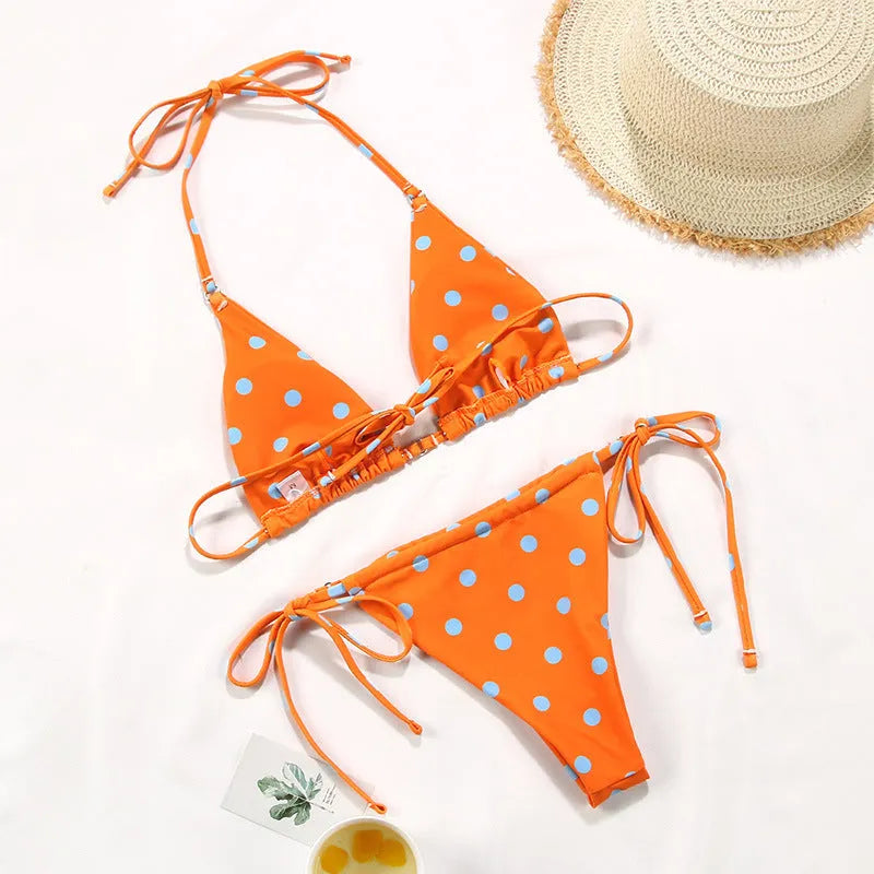 Women's polka dot print split swimsuit bikini in brown and orange colour variations