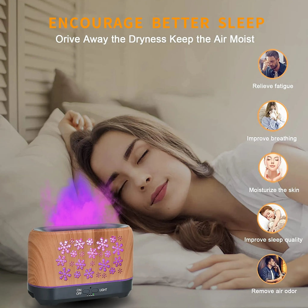 Square plastic humidifier with snowflake wood grain pattern emitting mist and 7-colour flame light effect