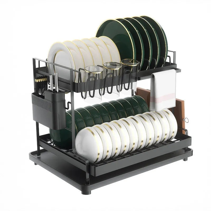 White double-layer kitchen draining rack with removable tray made from carbon steel