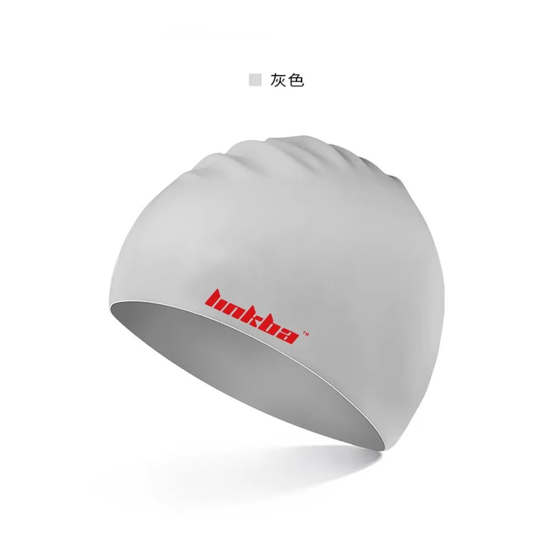 Silicone swimming cap covering ears in blue colour with white letter pattern