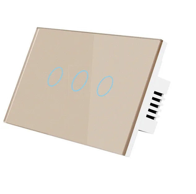 Modern 2-gang tempered glass touch light switch with white finish and blue LED indicator