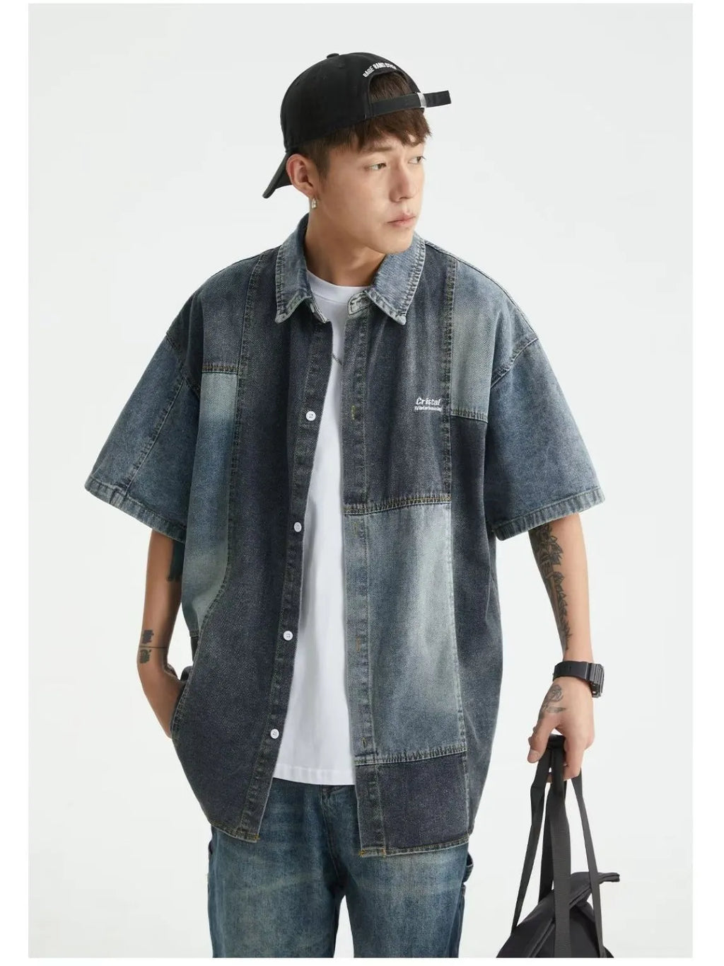 Men's blue Japanese-style retro washed denim shirt with loose cardigan fit and classic stitching detail