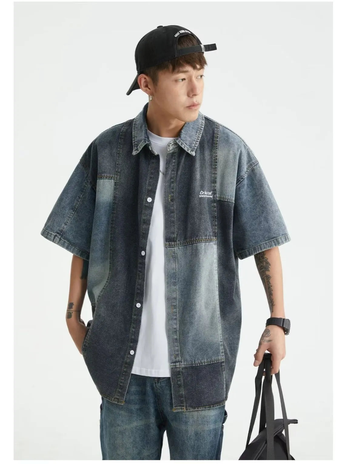 Men's blue Japanese-style retro washed denim shirt with loose cardigan fit and classic stitching detail