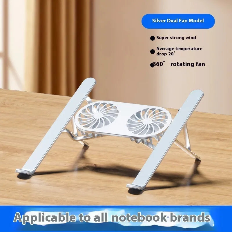 Silver aluminium alloy laptop cooling stand with twin fans in folded position