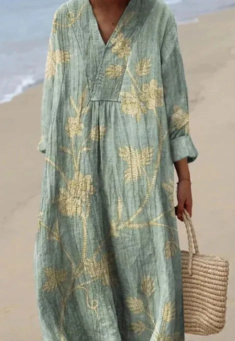 Floral 3D printed sleeve shirt dress with wide waist and long skirt