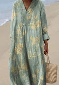 Floral 3D printed sleeve shirt dress with wide waist and long skirt