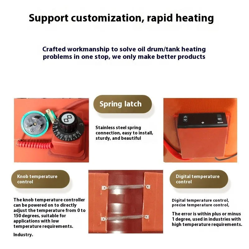 Silicone rubber heating belt wrapped around 200-litre oil drum with digital control display visible