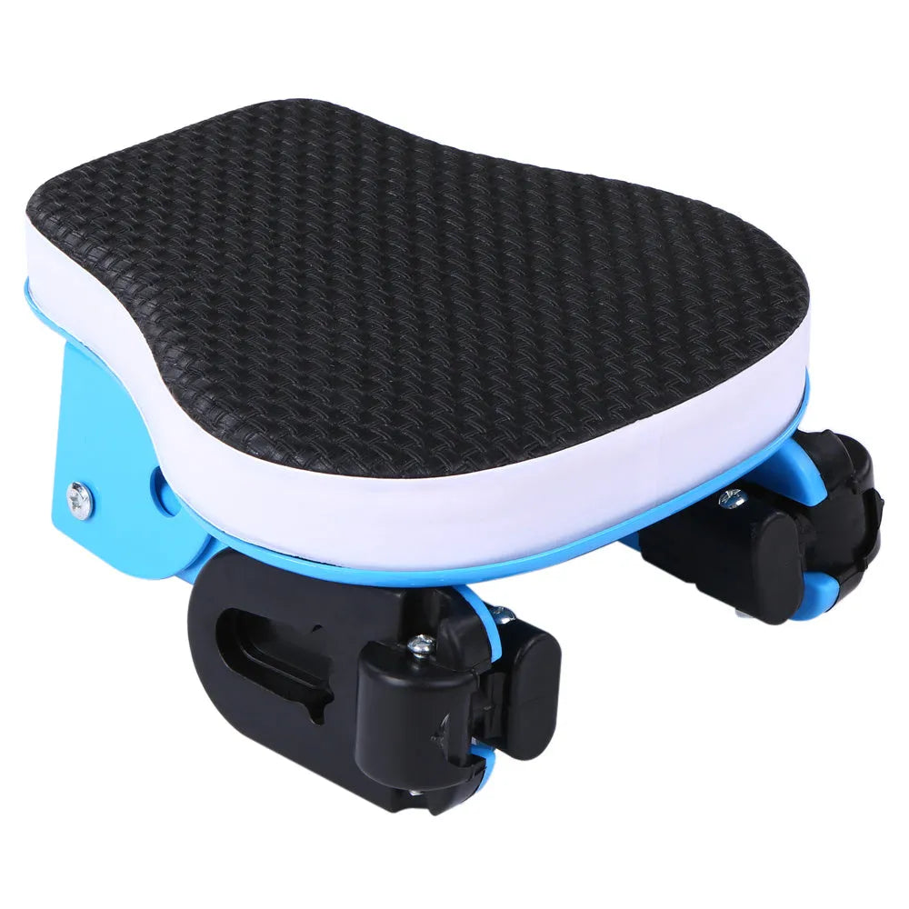 Front bicycle child seat with padded cushion and foldable pedal mounted on a bike