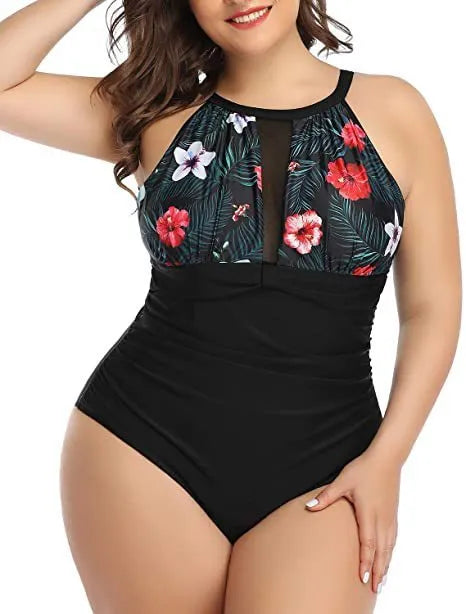 Women's lace detailed one-piece swimsuit in black, stripes, or red flower pattern
