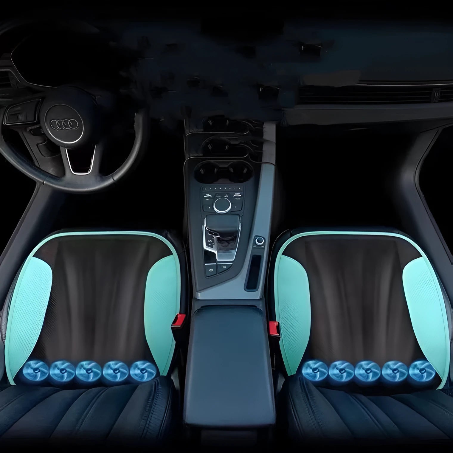 USB ventilated car seat cushion with fan system in choice of colours including black, coffee, cyan, pink, and beige