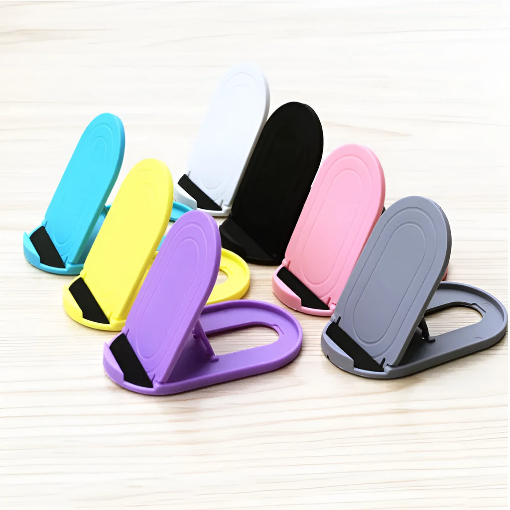 Plastic lazy bracket mobile phone stand in one of six colours: black, blue, grey, pink, white, or yellow.