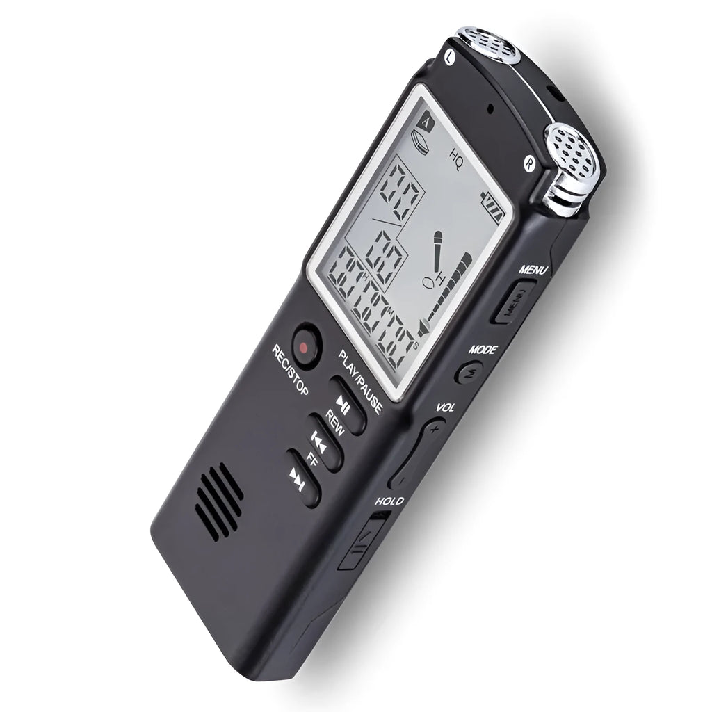 Compact black USB voice recorder with external mic support and telephone recording features