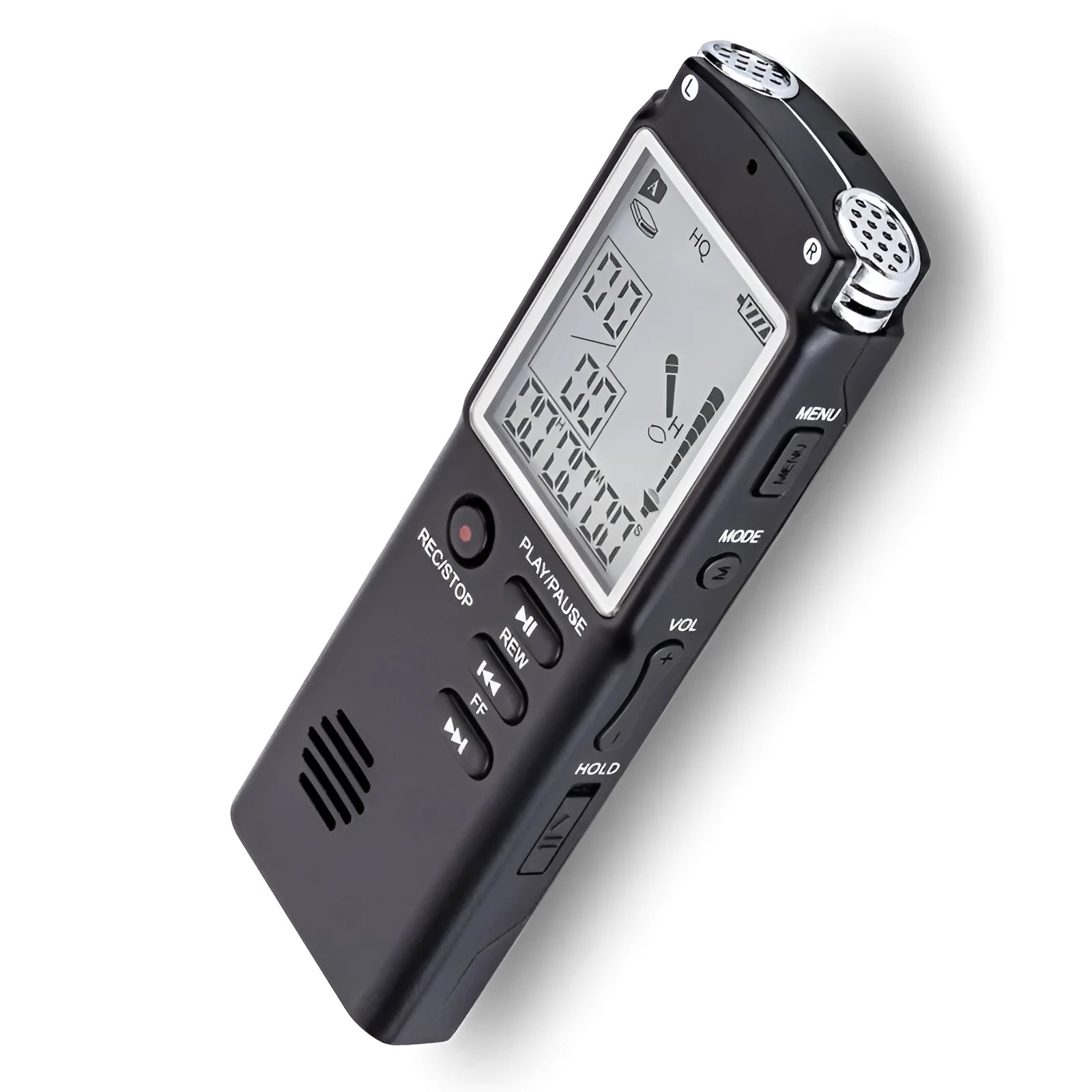 Compact black USB voice recorder with external mic support and telephone recording features