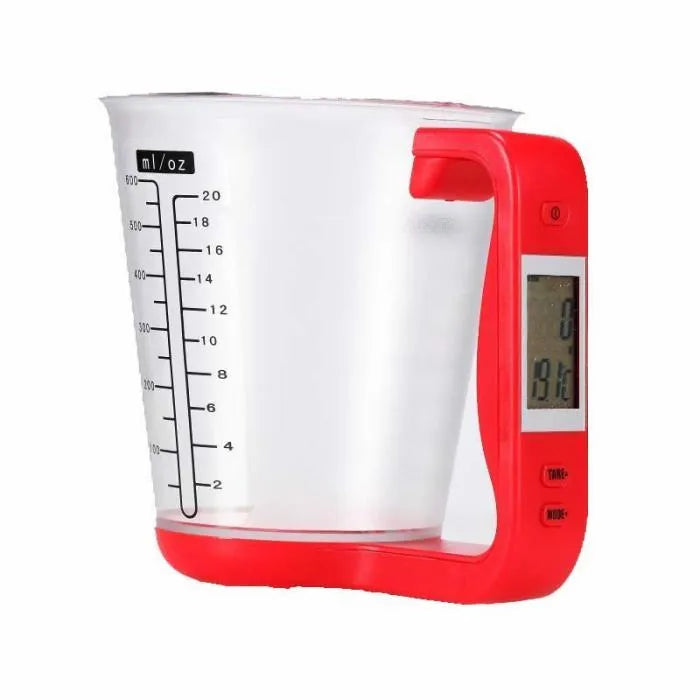Green digital kitchen measuring cup scale with LCD display in handle