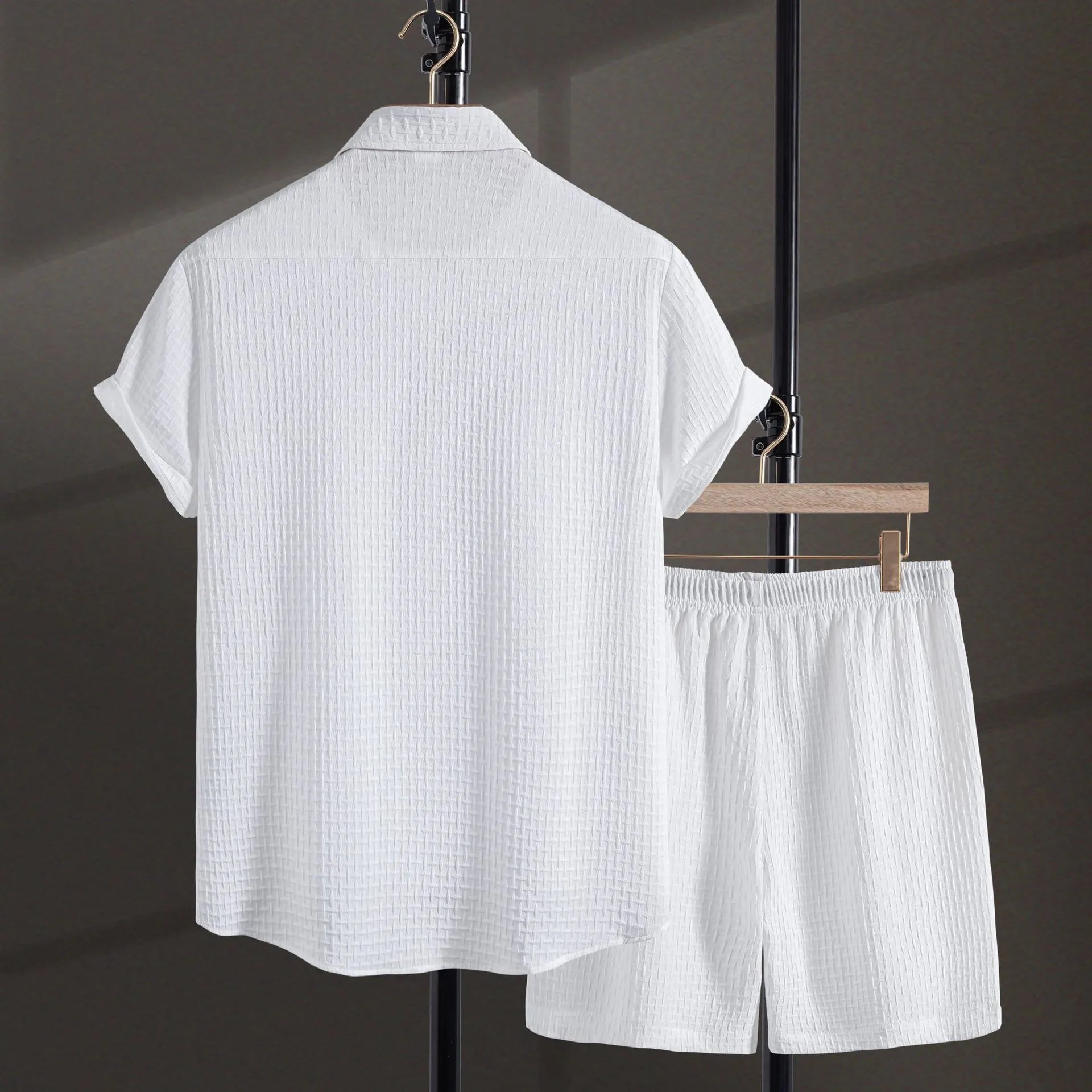 Men's loose-fit cotton blend shirt and shorts co-ord set in solid black colour.