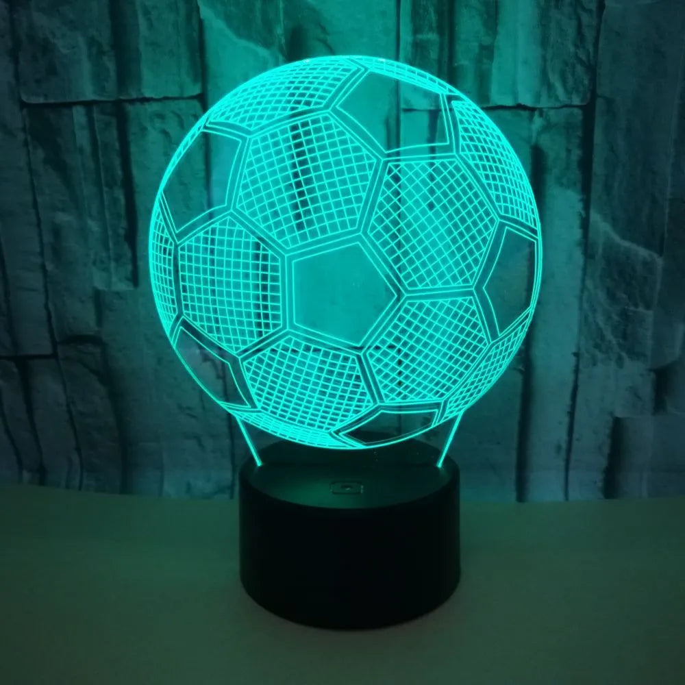3D football themed night light showing multiple colour options on a black base