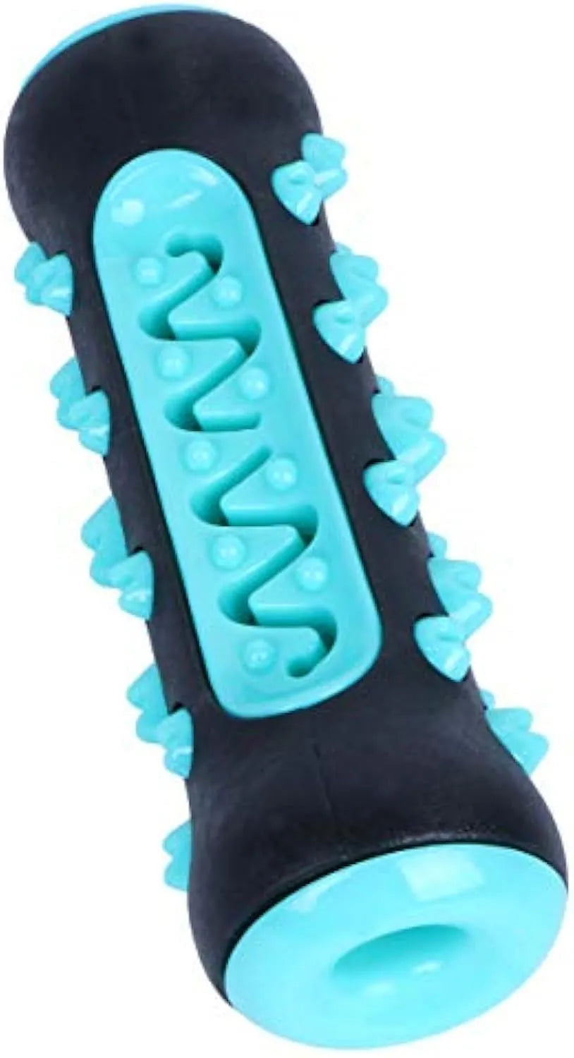 Natural rubber dog toothbrush chew toy in blue, showing textured surfaces and measuring 15 cm long.