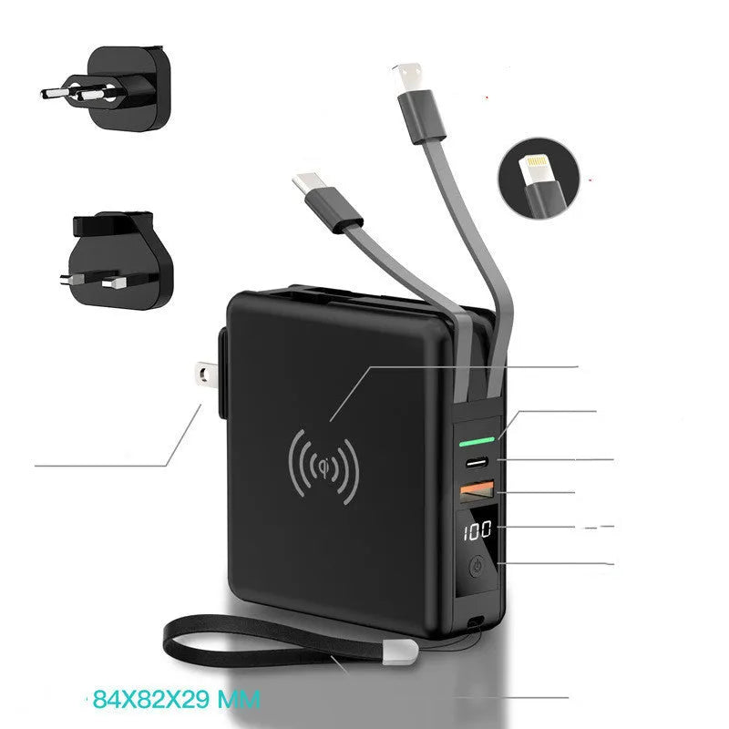 Black and white PD20W wireless power bank with 10000mAh capacity and international plugs