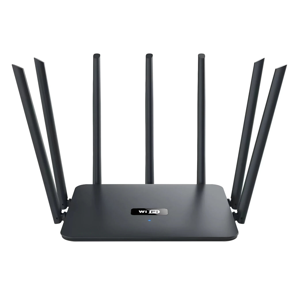 White dual-band gigabit router with five external antennas for wall-penetrating home WiFi coverage