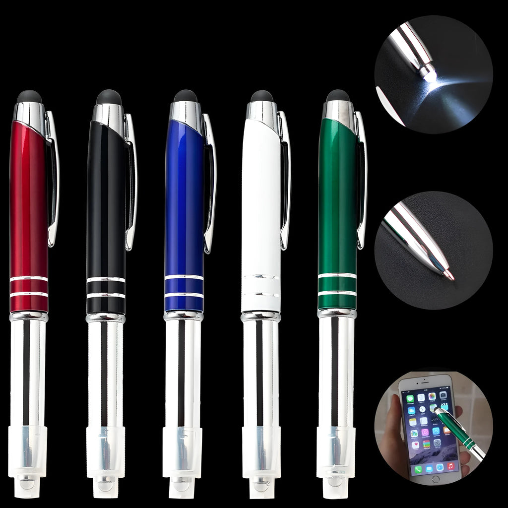 Metal capacitive stylus ballpoint pen with LED light in multiple colour options