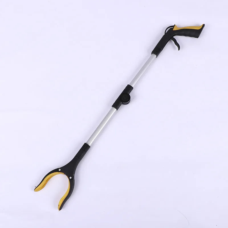 Folding silver aluminium garbage clamp with blue handle extended to 80cm length