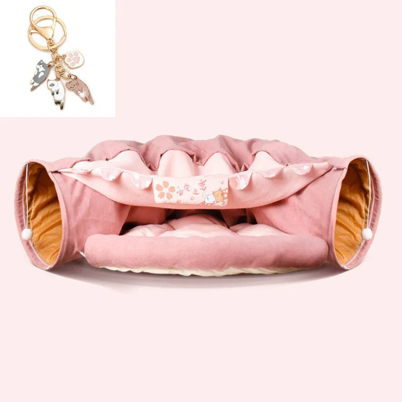 Collapsible cloth cat tunnel in a choice of four colours, shown with dimensions 45cm long by 50cm wide.