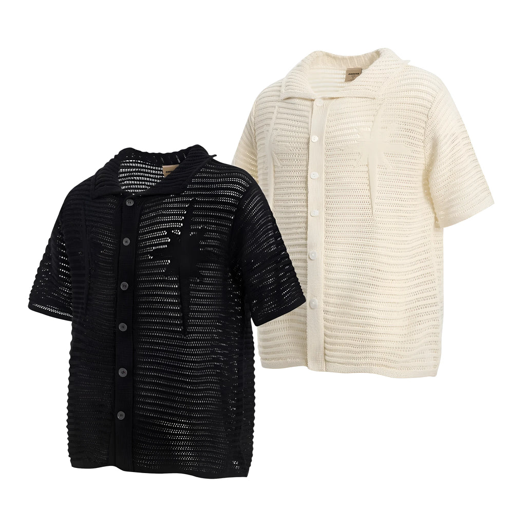 Men's apricot and black loose-fit retro cotton short sleeve casual shirt on hanger.
