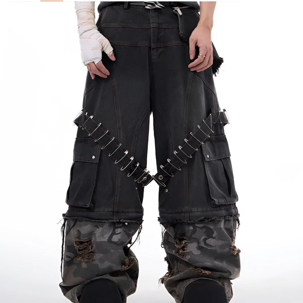 Men's grey cotton jeans with camouflage pattern splicing and pin ribbon details on legs