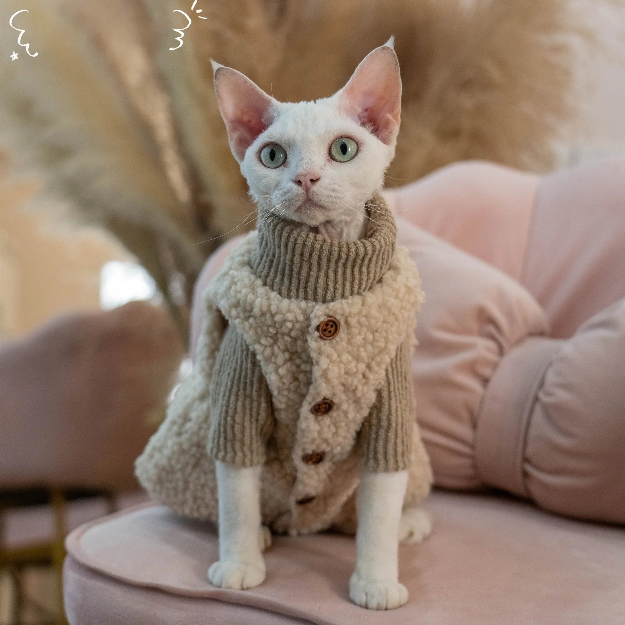 Lambswool plush cat vest with buckle fastening on a cat showing side view