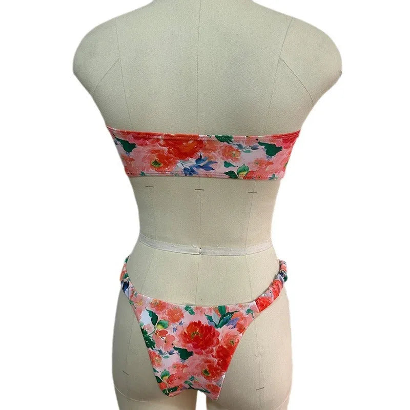 Floral printed tube top bikini with lace trim in European American style swimwear