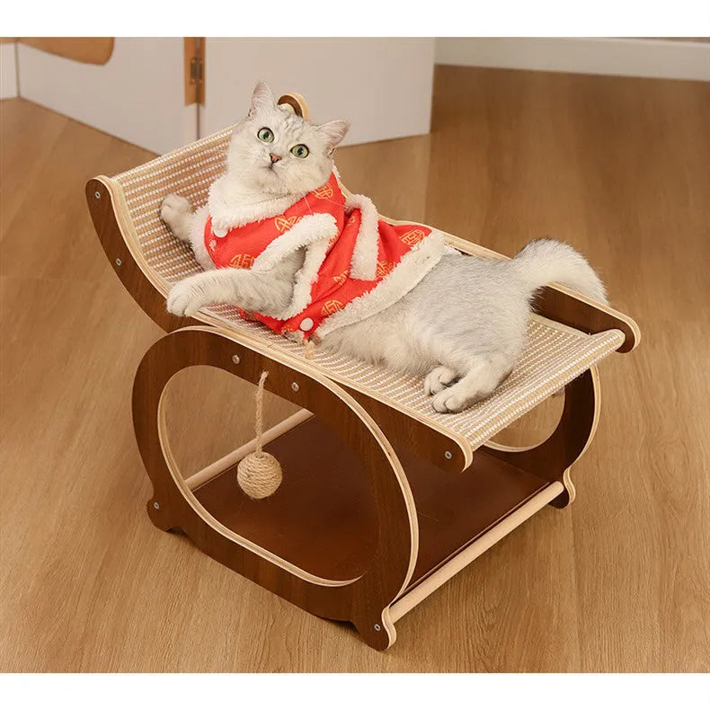 Solid wood sisal cat scratching bed recliner in walnut colour