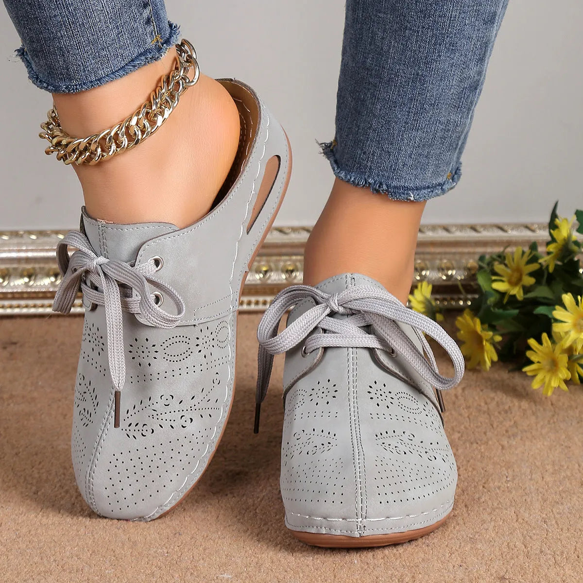 Women's summer lace-up slippers with suede upper and hollow-out wedges design in multiple colour options