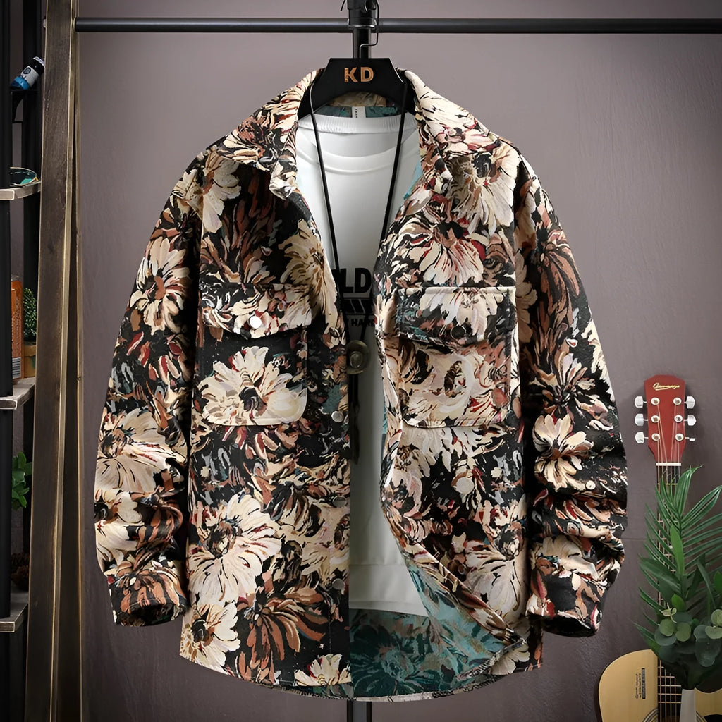 Men's casual lapel shirt coat in polyester with straight hem and long sleeves for spring and autumn wear