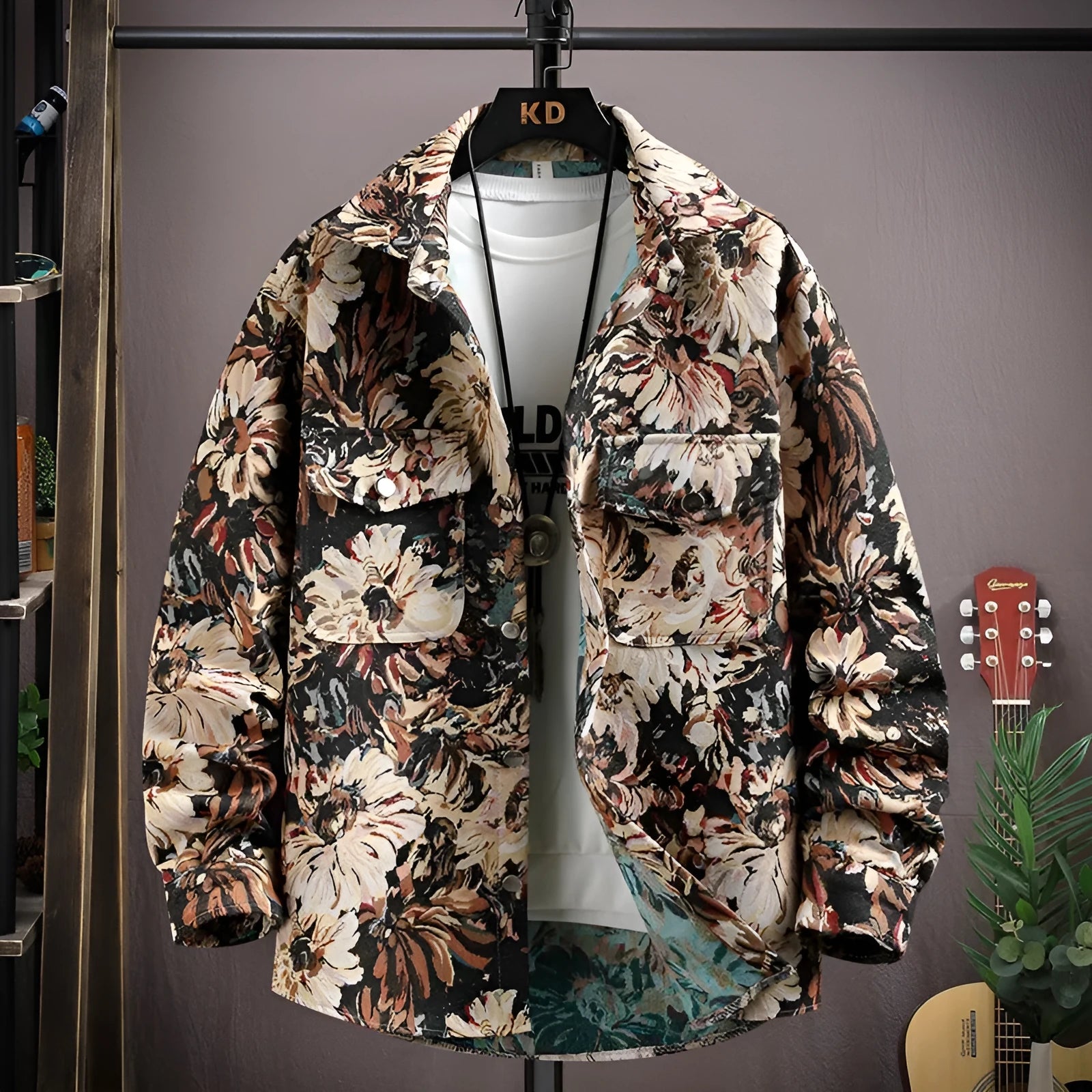 Men's casual lapel shirt coat in polyester with straight hem and long sleeves for spring and autumn wear