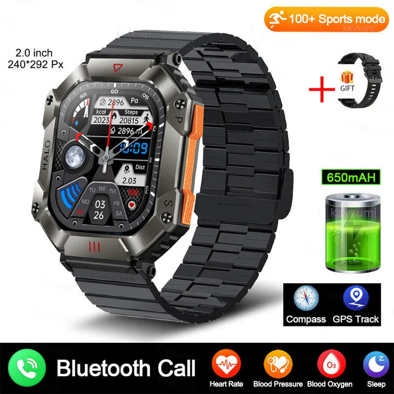 Android smart watch with titanium case on wrist, showing black camouflage strap option and display.