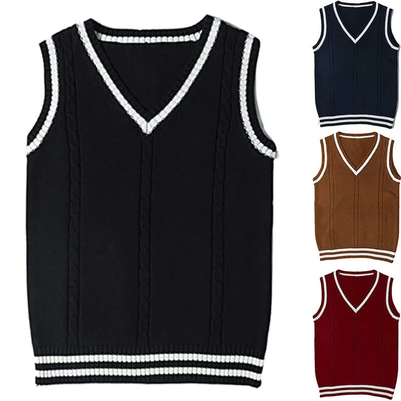 Women's V-neck striped waistcoat acrylic knitted sweater in slim fit