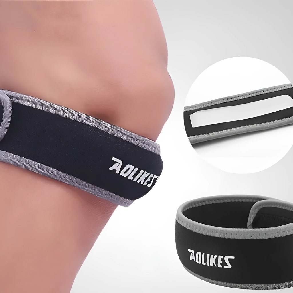 Black and grey edged patella retinaculum knee support for adult sports.
