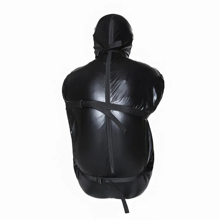 Black patent leather bondage restraint set showing full harness and six ratchet tie-down straps