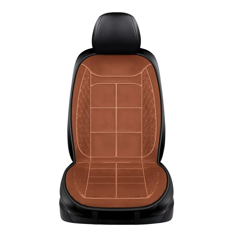 Automotive heating cushion on car seat in beige colour with cotton filler for winter comfort