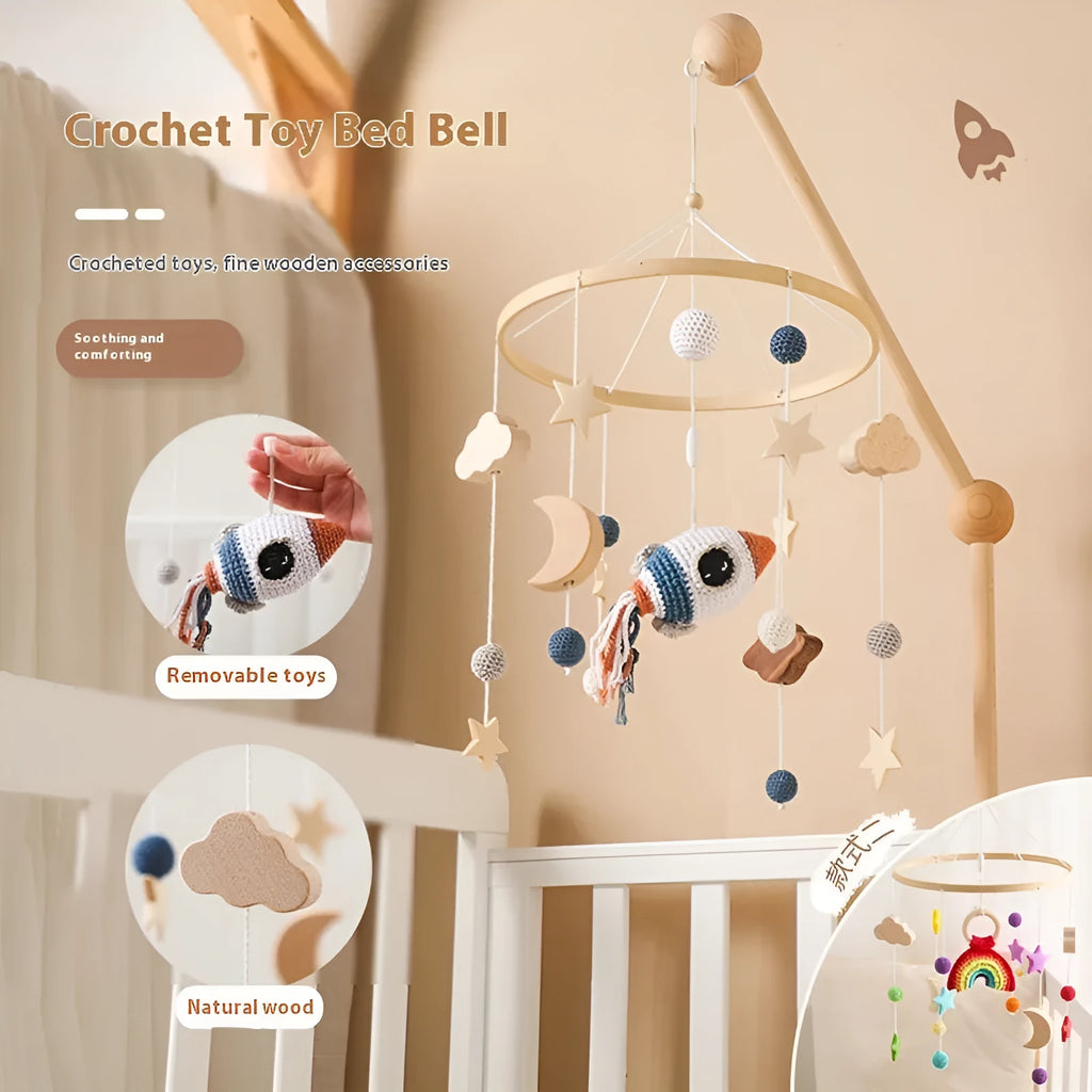 Nordic wooden baby car hanging wind chime with crochet sun design for vision training
