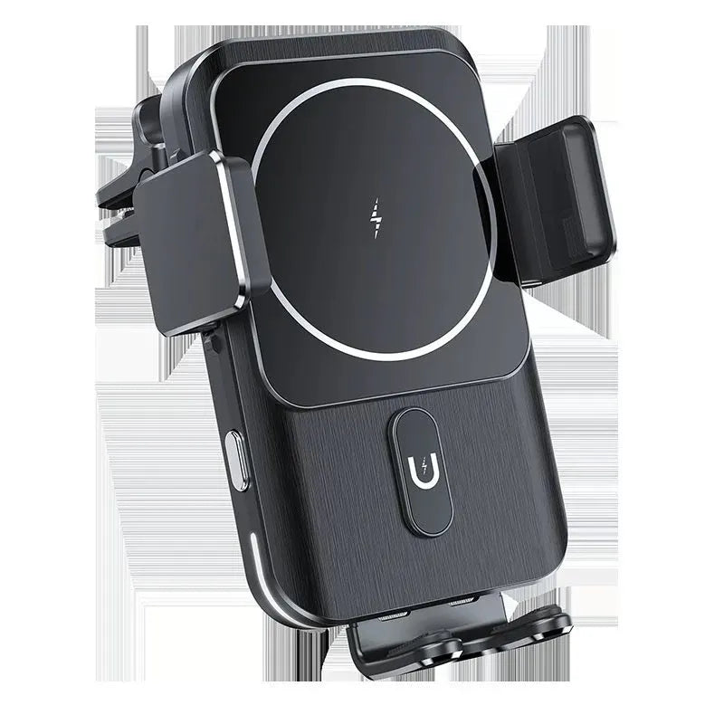 Black car wireless charger phone holder showing clip and suction cup mounting options