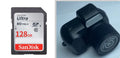 Black Y3000 HD outdoor sports camera with small LCD screen, shown next to optional memory cards.