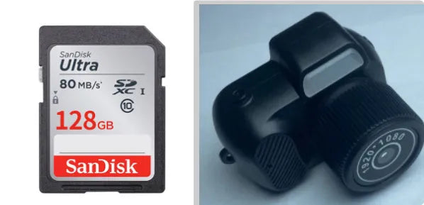 Black Y3000 HD outdoor sports camera with small LCD screen, shown next to optional memory cards.