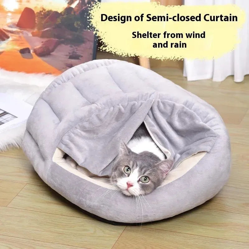 Grey curtain cat nest semi-closed winter bed short plush PP cotton 50x40cm