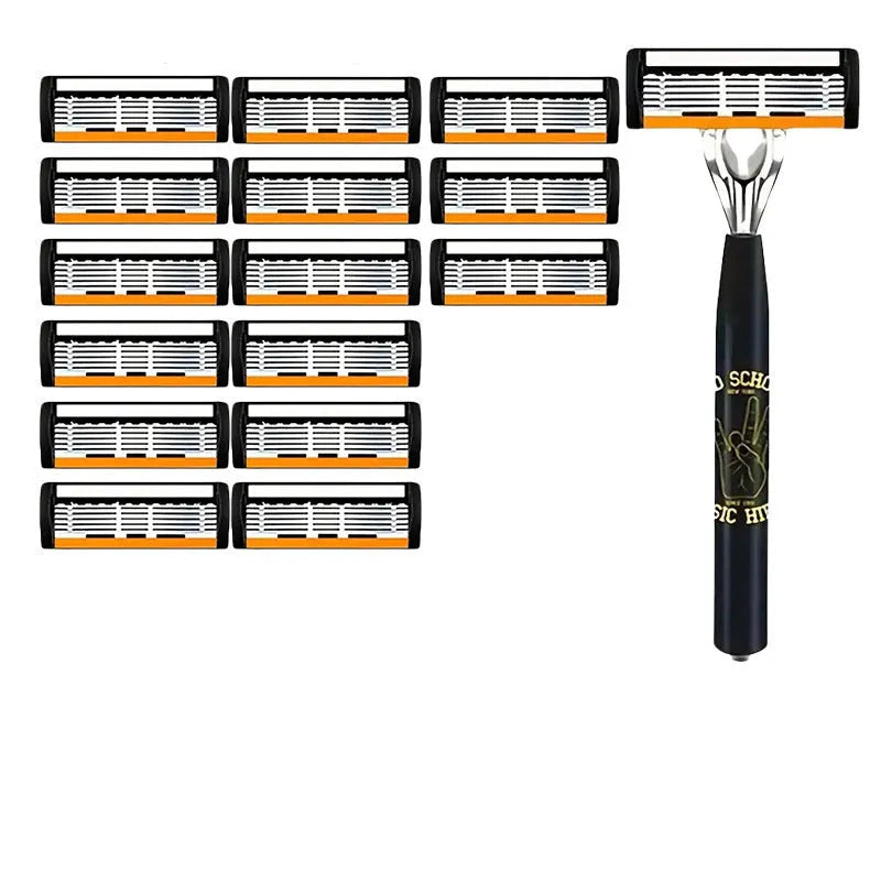 Black manual shaver handle with six-layer replacement blades for beard grooming tools