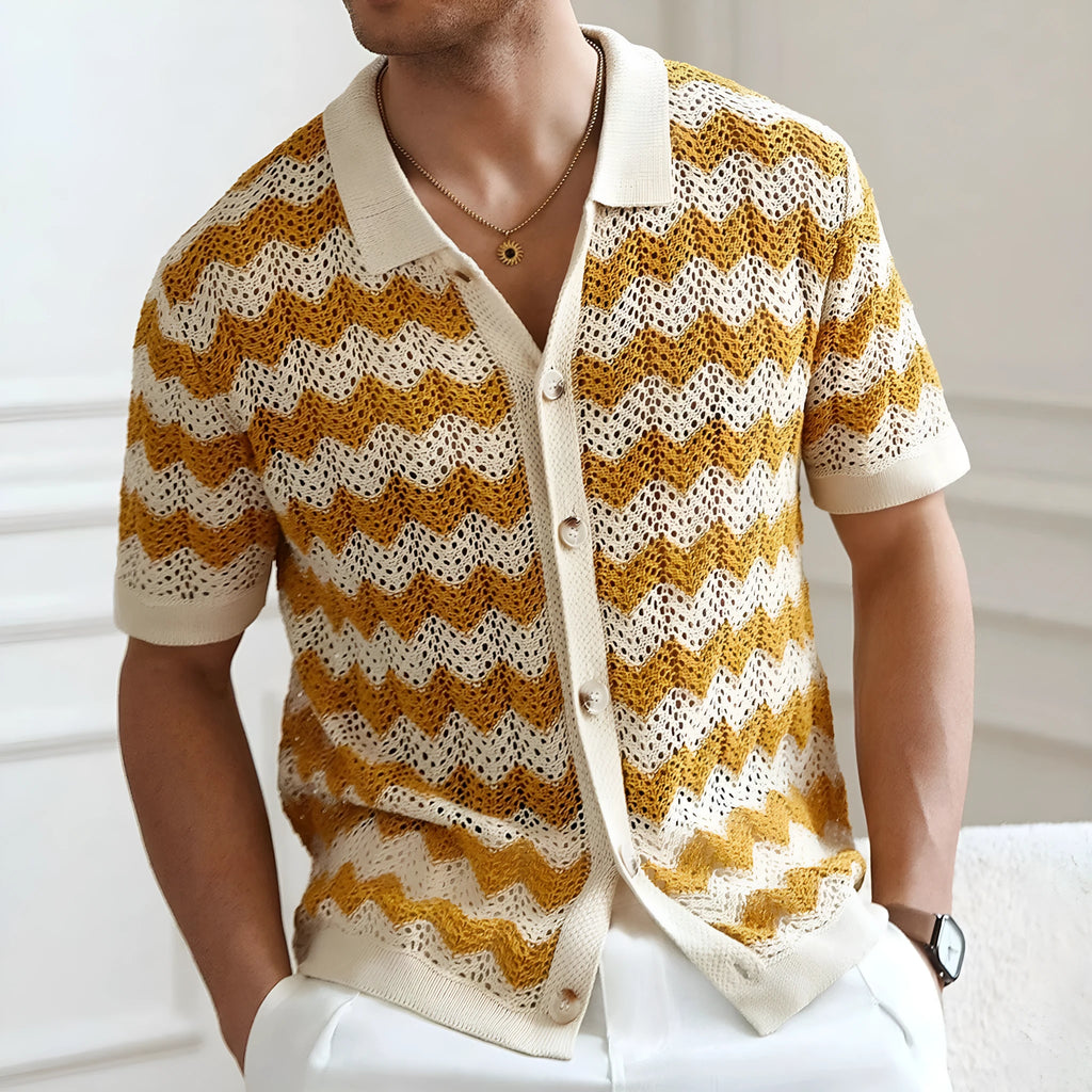 Short sleeve hollow jacquard corrugated sweater in Tencel viscose fabric showing textured surface and flocked detailing